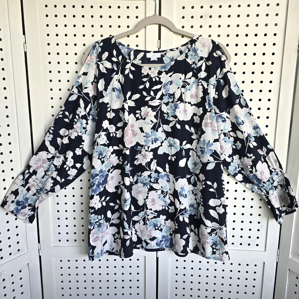 J Jill Navy Blue Floral Cold Shoulder Long Sleeve Tunic Top Womens SIZE L